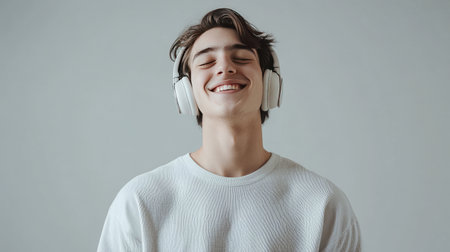 Happy young man with headphones on, smiling while listening to music, grey background with minimalist style.の素材