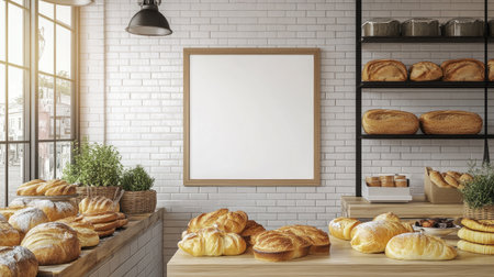 Blank white poster frame hanging in a modern bakery, surrounded by fresh pastries and bread, ready for customization.の素材