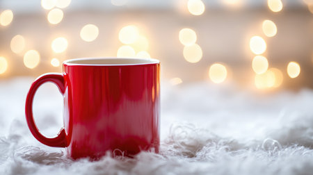 Bright red coffee mug on a white background with glowing bokeh lights, creating a festive and warm design aestheticの素材