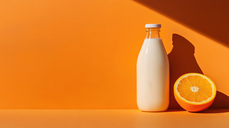 Bottles of milk paired with an orange, set against a striking orange background, highlighting freshness and contrast.の素材