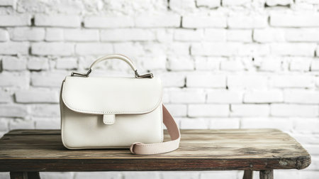 Chic white leather bag placed on a rustic wooden table with a white brick wall backdrop, perfect for fashion display.の素材