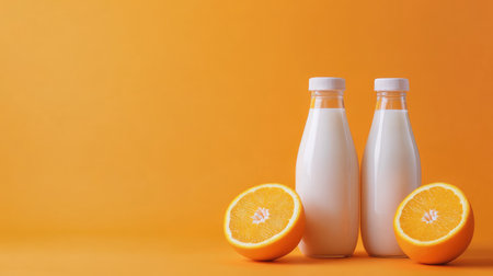 Bottles of milk paired with an orange, set against a striking orange background, highlighting freshness and contrast.の素材
