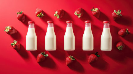 Bottles of milk with ripe strawberries, placed on a bright red background, striking contrast of white and red.の素材