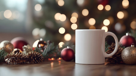 Christmas mockup scene with a blank white mug, surrounded by decorations and bokeh lights, festive and inviting.の素材