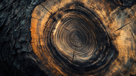 Close-up of the cross-section of an old tree trunk, showing age rings and natural texture, perfect for nature-themed designs.の素材