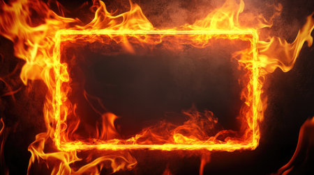 Fiery rectangular frame on a dark background, with bright flames outlining the frame for a dramatic and intense scene.の素材
