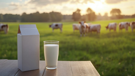 Milk carton and glass of fresh milk on a table, with cows in a grassy field in the background, country farm scene.の素材