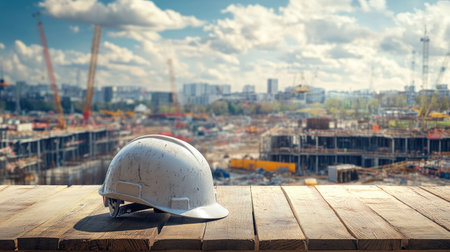 Construction helmet on a wooden table, overlooking a busy construction site, perfect for industrial or safety-related concepts.の素材