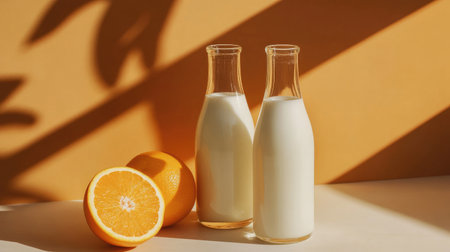 Minimalist setup with glass bottles of milk and an orange placed against a bold orange backdrop, creating a fresh and vibrant scene.の素材