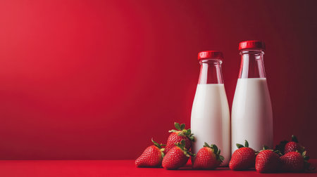 Glass bottles of milk and fresh strawberries against a deep red background, creating a vibrant, healthy visual.の素材
