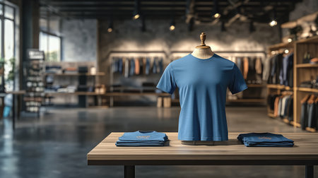 Store display with a mannequin wearing a blue T-shirt, designed as a mockup for custom logos and branding.の素材