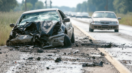 Highway car crash with two vehicles involved, visible damage and skid marks, traffic slowing down around the scene.の素材