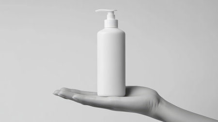 Hand-held white pump bottle on a blank background, perfect for hair care or skincare product mockup.の素材