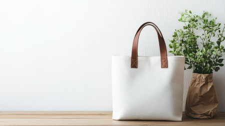 White tote bag with brown leather handles placed on a wooden table, simple and stylish setup, white background.の素材