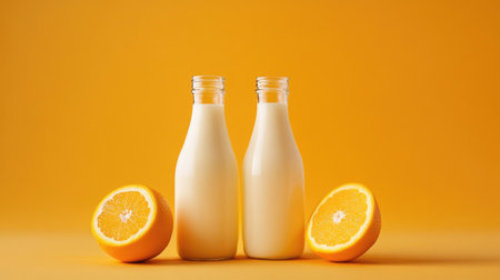 Glass milk bottles with an orange on a monochromatic orange backdrop, creating a fresh, clean, and energetic look.の素材