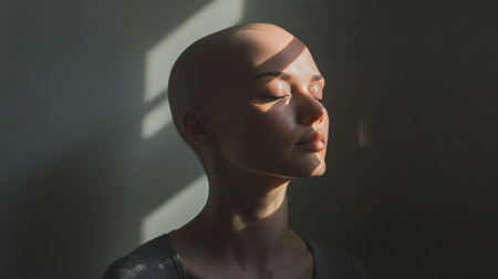 Portrait of a woman with cancer, her head bald from treatment, expressing resilience and strength, captured in a soft, respectful light.の素材