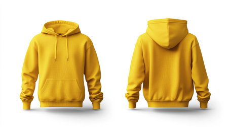 Yellow hoodie mockup, front and back displayed clearly on a white background, versatile for fashion design showcase.の素材