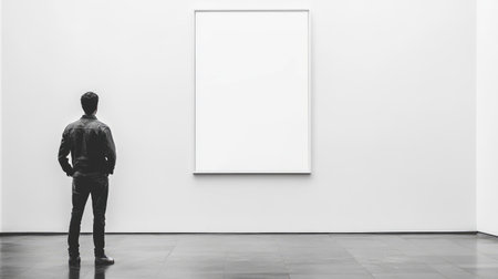 Large white blank vertical rectangle hanging in an art gallery, with a man admiring it, minimalist and conceptualの素材