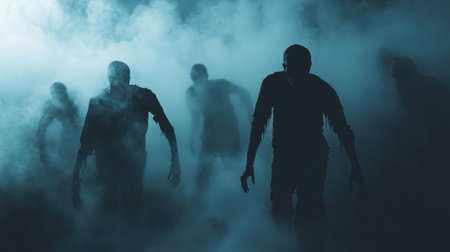 Zombie silhouettes shrouded in fog, looming against a dark and misty sky, an eerie concept for Halloween.の素材