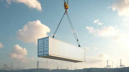 White shipping container suspended mid-air by a crane, industrial scene in the background, logistics and transport concept.の素材