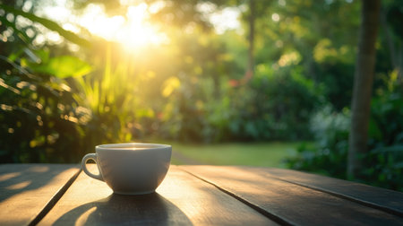 White coffee cup resting on a wooden table in a tranquil garden at sunrise, soft warm tones and natural beauty.の素材