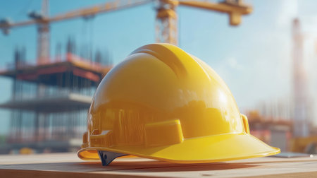 Yellow construction helmet placed on a wooden table with cranes and construction machinery in the background.の素材