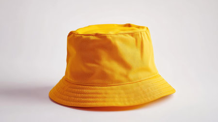 Simple yellow bucket hat isolated on a plain white background, minimalistic mockup for design or branding.の素材