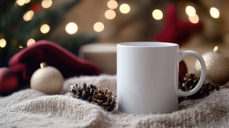 White mug ready for customization, set among Christmas decorations with soft bokeh lights creating a holiday moodの素材