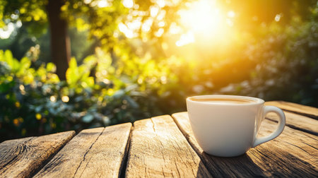 White coffee cup resting on a wooden table in a tranquil garden at sunrise, soft warm tones and natural beauty.の素材