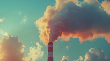 Air pollution: An industrial smokestack emitting thick smoke into the sky, symbolizing the negative impact of air pollution on the environment.の素材