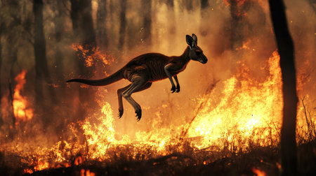 Kangaroo leaping from a burning forest, symbolizing the urgency of protecting wildlife from fires.の素材