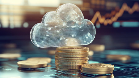 Cloud service budgeting: A stack of coins, symbolizing the need for careful financial planning and budgeting for cloud computing resources.の素材