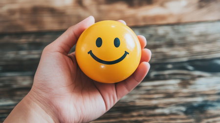 A hand grasping a smiley face ball, symbolizing the emotional challenge of pretending to be happy.の素材