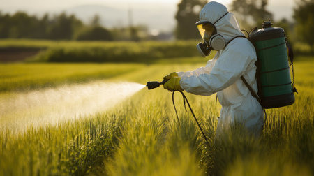 Pesticide spraying in a crop field by a worker in protective gear, symbolizing agricultural pest control.の素材