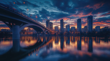 Bridge and cityscape at dusk, symbolizing the importance of infrastructure safety in times of war.の素材