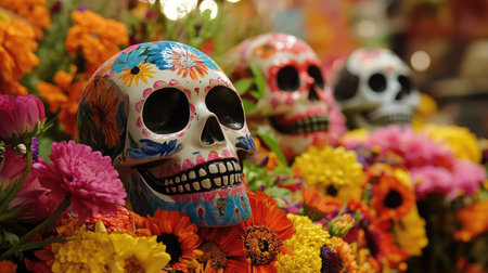 Painted skulls and colorful flowers on a Day of the Dead display, capturing the essence of this Mexican festival.の素材