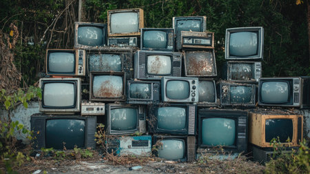 A heap of old, broken televisions stacked in a junkyard, representing electronic waste and environmental issues.の素材