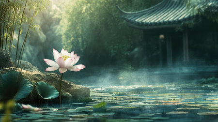 A peaceful scene with a lotus flower in bloom, reflecting the practice of mindfulness and spiritual growth.の素材