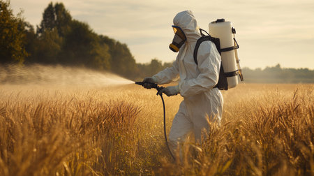 Worker in full protective clothing sprays pesticides on a field, emphasizing the importance of pest control in farming.の素材