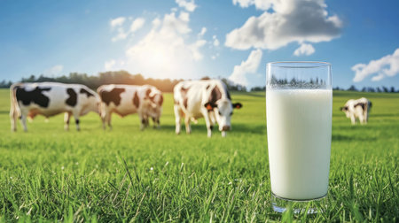 Healthy dairy cows grazing in a field under a blue sky, next to a glass of fresh milk with visible droplets.の素材