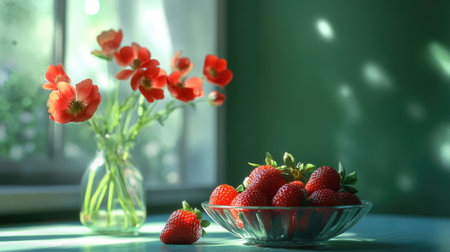Strawberries in a bowl with red flowers in a vase, set in a cozy green kitchen, representing nature and colorの素材