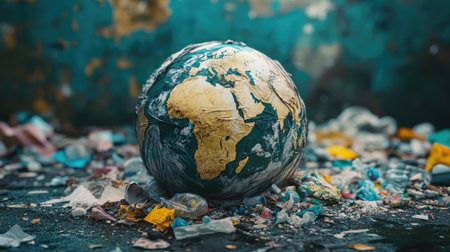 A globe wrapped in plastic and surrounded by litter, representing the global crisis of waste and pollution.の素材