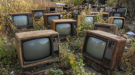 Rusty, discarded TVs in an old dump, symbolizing the wasteful side of consumer electronics.の素材
