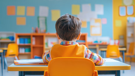 A young boy sitting at his desk, rear view, focusing on his schoolwork in a colorful classroom, representing back to school.の素材