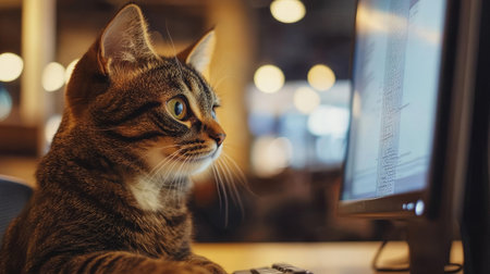A serious cat focused on a computer screen in a modern office, showing the funny concept of a working cat.の素材