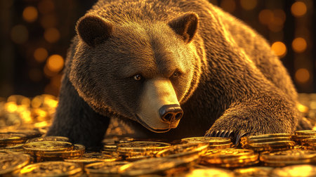 Financial bear market concept in 3D, with a bear approaching gold coins, visually representing market downturns and volatility.の素材