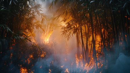 Bamboo forest on fire, the flames crackling through the dense foliage, smoke rising in the backdrop of burning trees.の素材