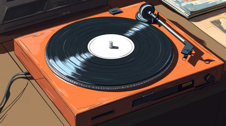 Retro turntable playing a vinyl record, with iconic pop rock albums in the backdrop, evoking a sense of timeless music and warm nostalgia.の素材