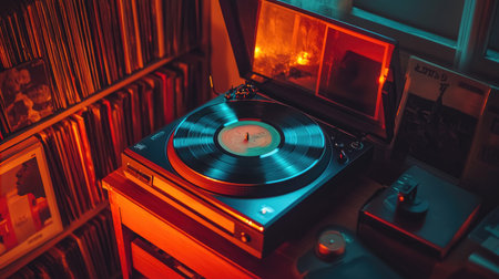 Vinyl records and a classic turntable, surrounded by pop rock albums from the 70s and 80s, lit warmly to highlight the retro music sceneの素材