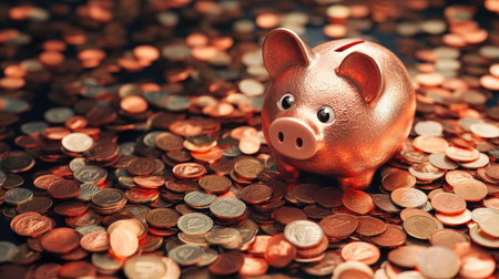 Piggy bank nearly submerged in a sea of copper pennies, evoking the struggle of managing small savings in a vast financial sea.の素材